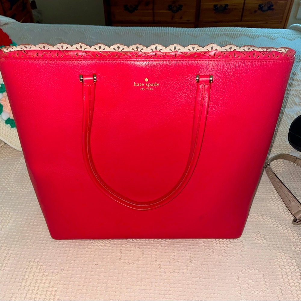 Kate spade deep coral large leather tote